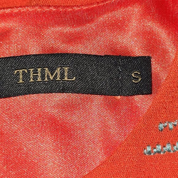 THML ANTHROPOLOGIE ORANGE SHIFT DRESS WITH GRAY INTRICATE EMBROIDERY SIZE SMALL - Picture 6 of 7